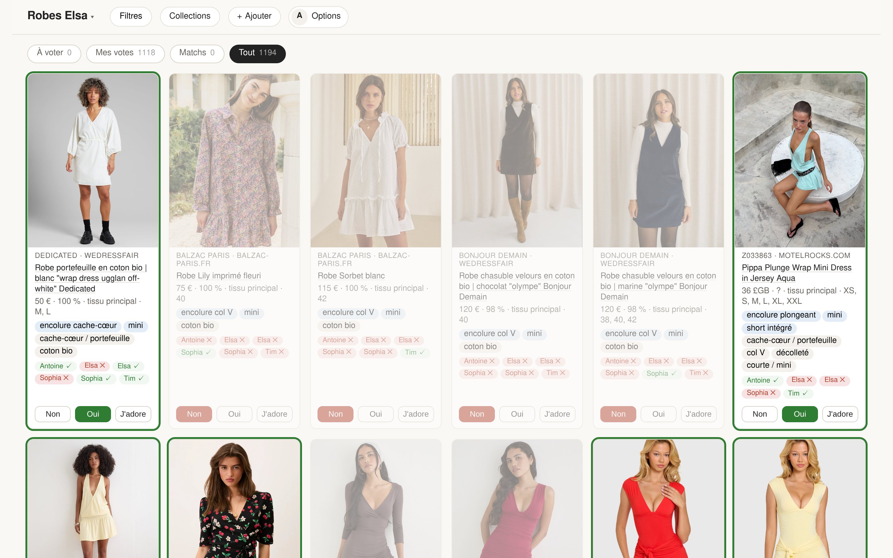 The « Dresses » gallery: each card shows the photo, the price, the shop and the fabric, with three voting buttons underneath.