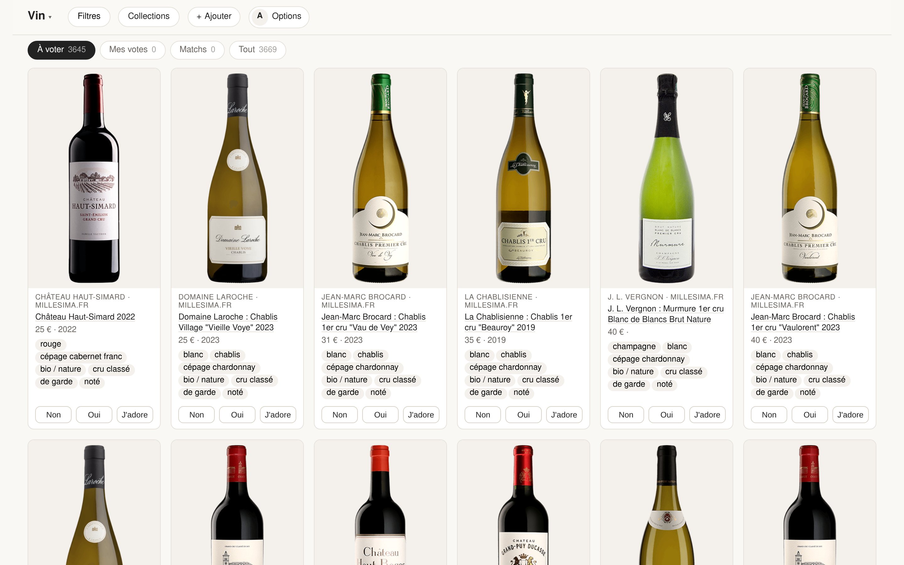 The “Wine” gallery: bottles with their price, appellation and grape variety, and three vote buttons under each card.